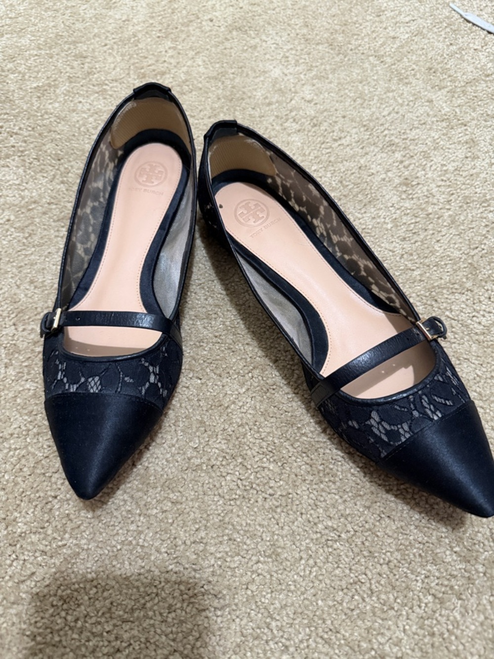 Tory Burch Black Lace Mary Jane Pointed Flats